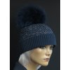 Dámska zimná pletená čiapka s kožušinovým brmbolcom 301 tmavo modrá s modrým lurexom