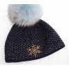 Dámska zimná pletená čiapka s kožušinovým brmbolcom 303 tmavo modrá so zlatým lurexom