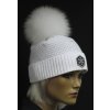 Dámska zimná pletená čiapka s kožušinovým brmbolcom 663 biela so strieborným lurexom