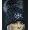 R-Jet Dámska zimná pletená čiapka s kožušinovým brmbolcom 676 čierna so striebornym lurexom