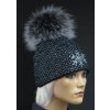 R-Jet Dámska zimná pletená čiapka s kožušinovým brmbolcom 676 čierna so striebornym lurexom
