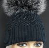 Dámská zimní pletená čepice s kožešinovou bambulí 350 černá s černým lurexem