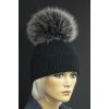 Dámská zimní pletená čepice s kožešinovou bambulí 350 černá s černým lurexem