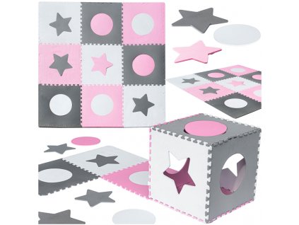 KIK KX4506_1 Pěnová podložka na puzzle pro děti 180x180cm 9 dílků šedo-růžová