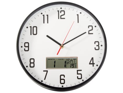Nástěnné hodiny velké tiché 30cm kulatý ukazatel datum teplota dřevo