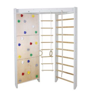 Lezecká stěna a žebříky v rámci jednoho herního komplexu.