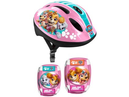 Gyermek sisak + védőszett Paw Patrol rózsaszín, állítható méret, tanúsítás, könnyű és erős anyag, nem mérgező anyag