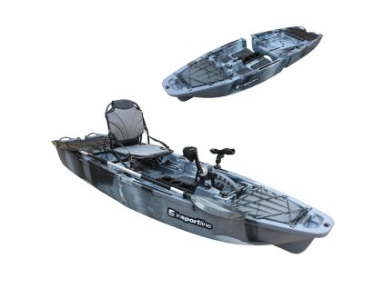 Összecsukható pedálos kajak inSPORTline Rhoner Urban Camo, fogantyú, horgászbottartó, lehajtható ülés, egyszerű kormányvezérlés, tárolórekeszek,38 kg