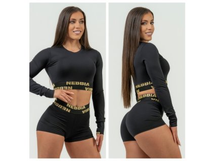 Crop top s dlhým rukávom na cvičenie 839 Black-Gold - NEBBIA