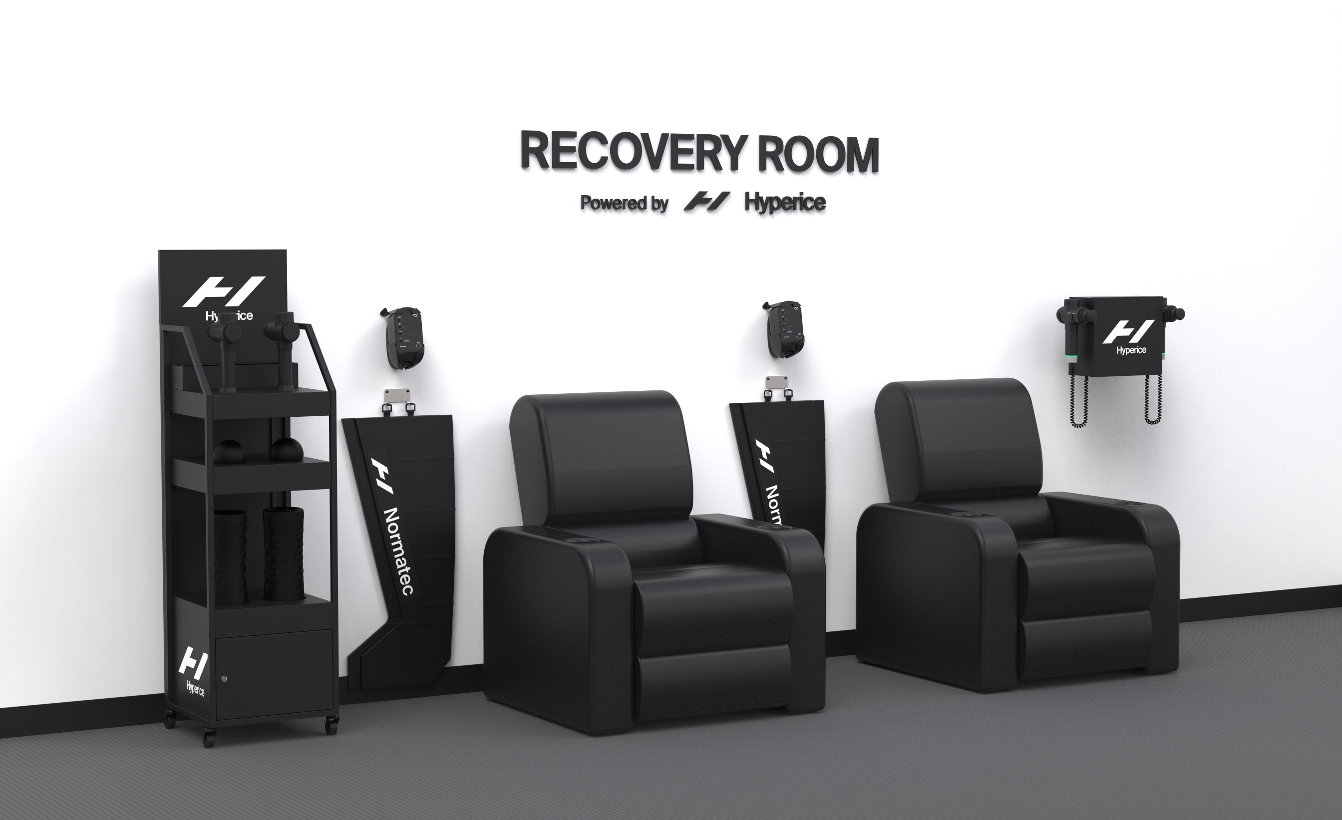 Recovery room s kompresními stanicemi Normatec, křesly a nástěnnými držáky masážních pistolí