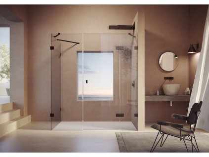SolvaPro Swing Door With Fixed Segment, Additional Section And Side Panel brushed black chrome
