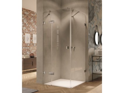 Solva frameless swing door with fixed segment left and side panel right