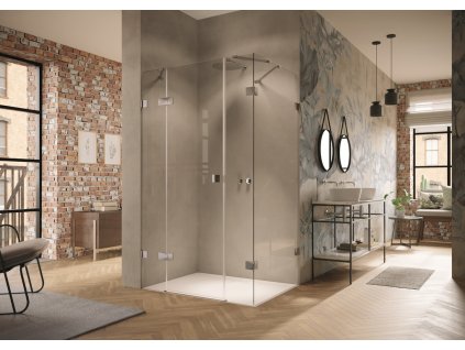 Solva frameless swing door with fixed segment and additional section left and side panel right