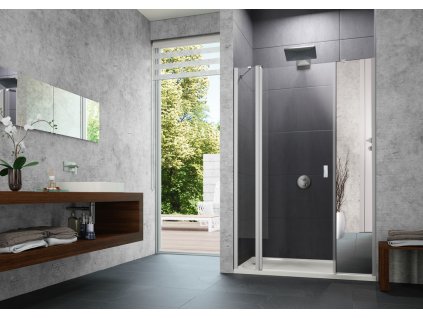Design pure Swing door with fixed segment and additional section in recess with mirror glass