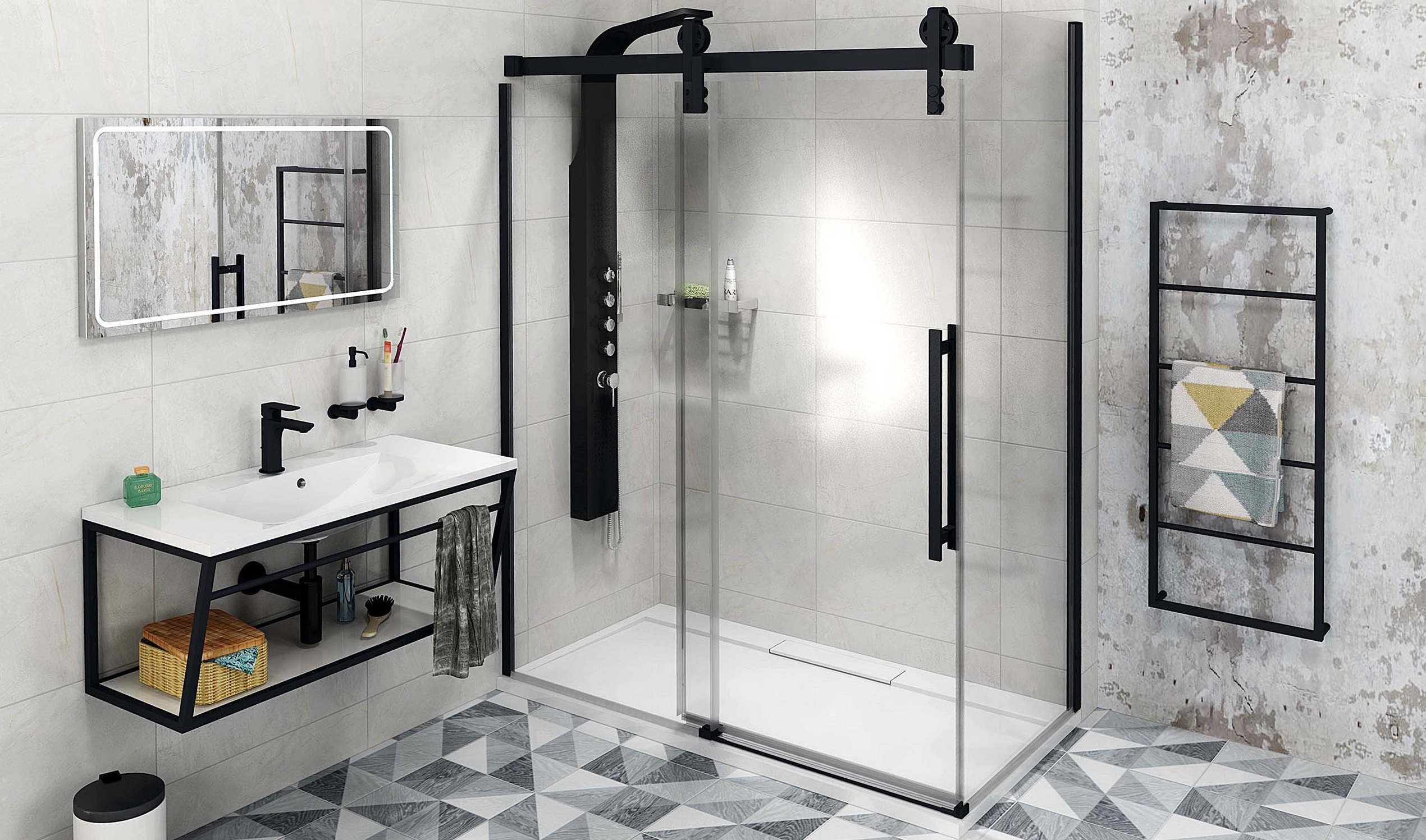 VOLCANO je nová řada sprchových dveří a koutů, která upoutá na první pohled masivními loukoťovými koly.