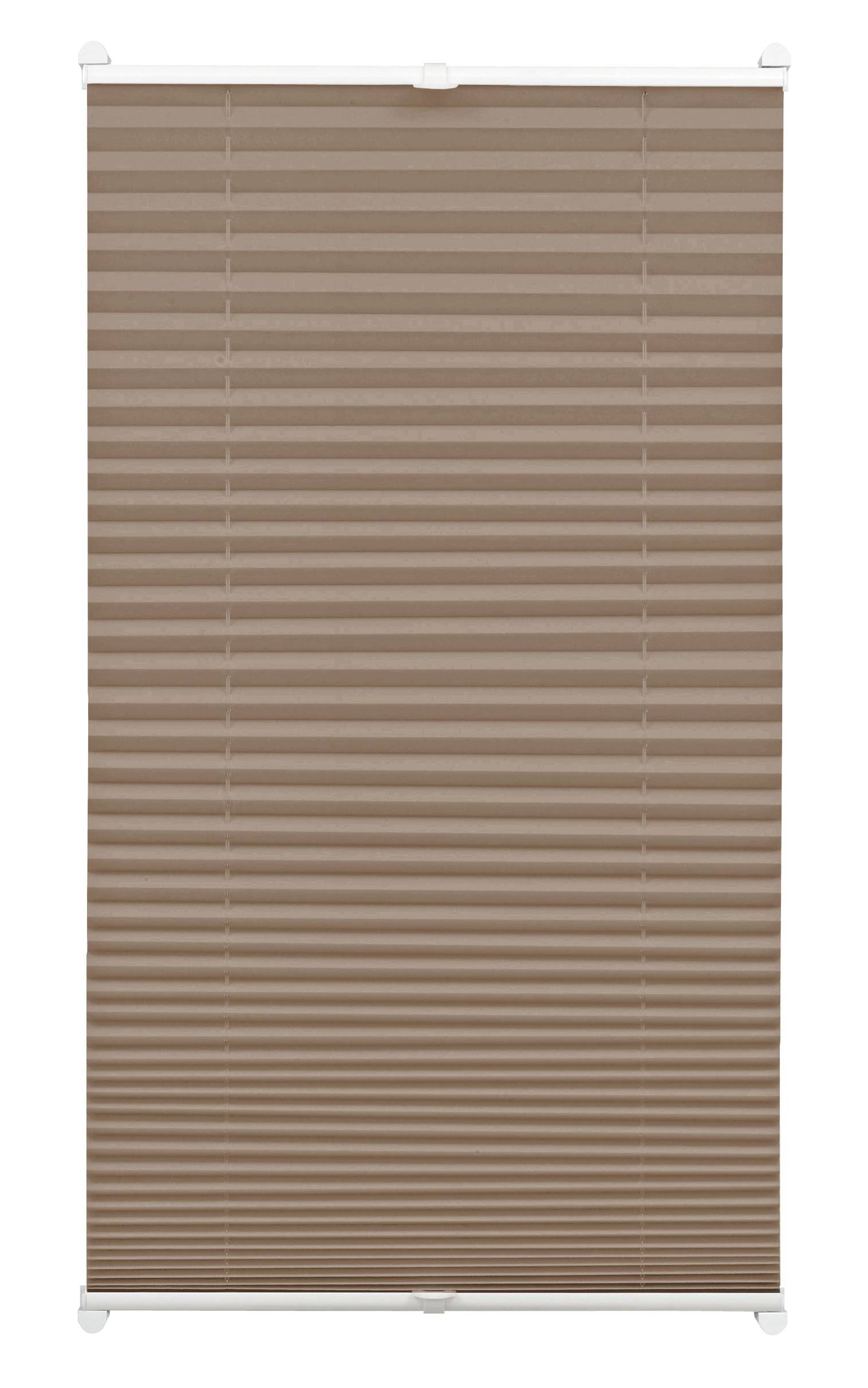 Plisé Easy Fix se dvěma ovládacími profily, 45x130cm, taupe (100% polyester Crush, průhledná, 20mm plisování. Individuálně nastavitená výška díky dvěma ovládacím hliníkovým profilům, včetně 2 úchytů a 4 vzpěrných nosníků pro jednoduchou montáž na okenní k