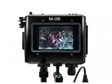 Nauticam NA-058 housing for TVLogic VFM-058W 5.5” Full HD Viewfinder Monitor with HDMI and SDI bulkheads and cables