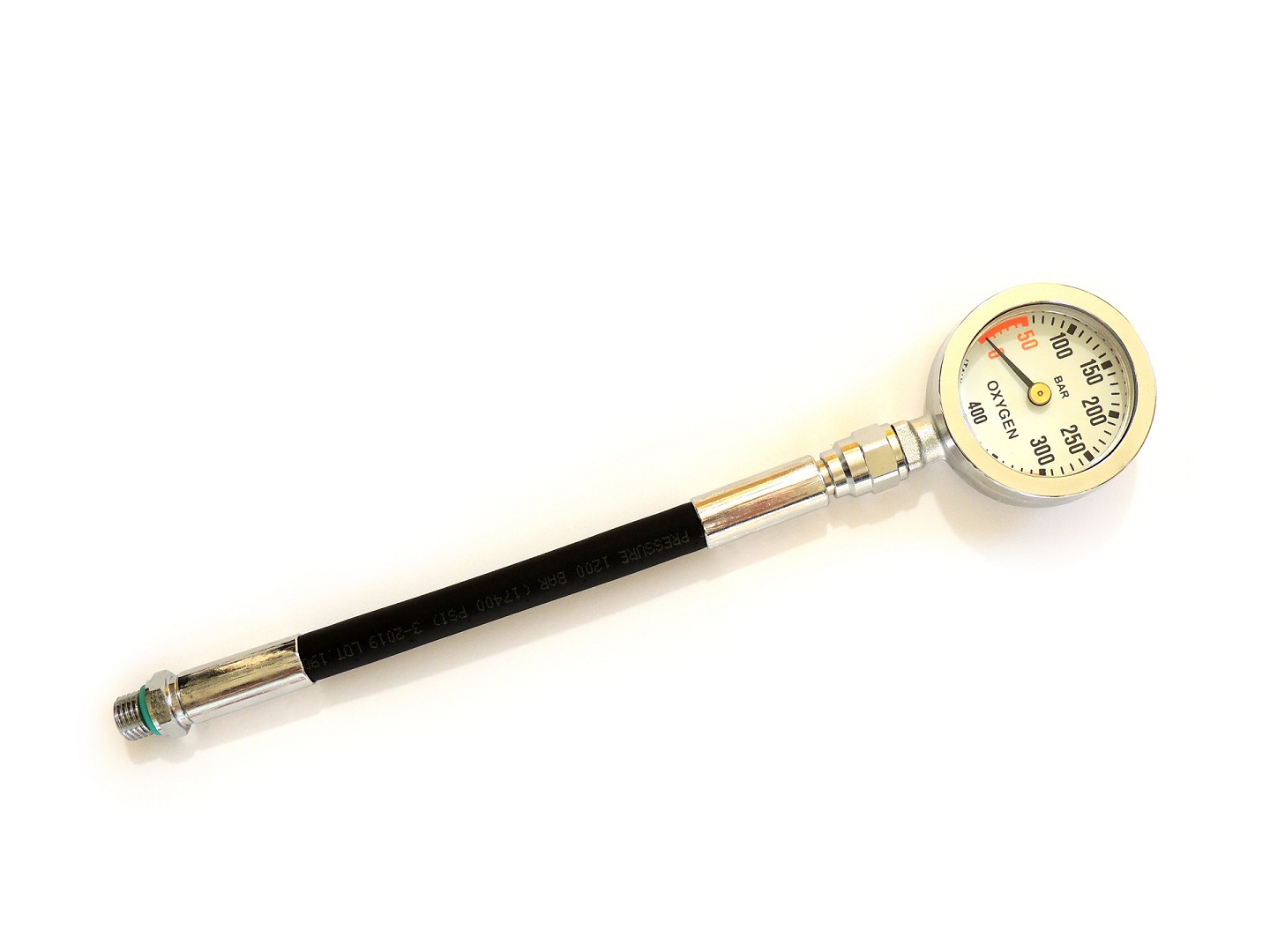 JTLine Manometr O2 50 mm JTLine, 400 bar, Extreme Super Vision s hadicí 18 cm