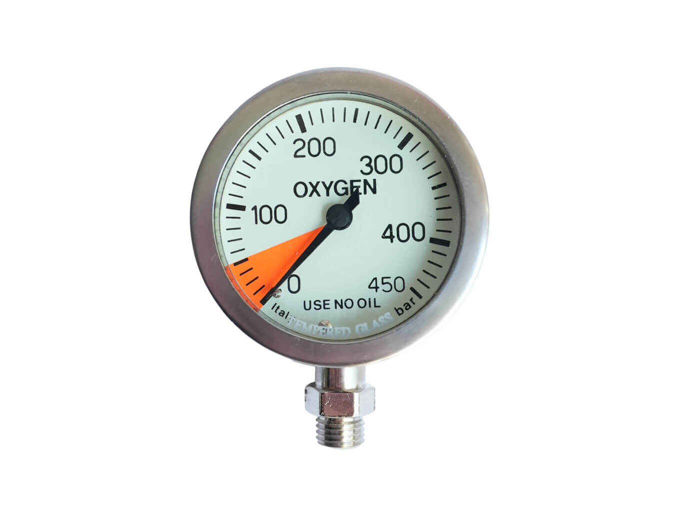 Manometr potápěčský JTLine 0-450 bar, 63 mm, O2, nerez, zadní pojistka