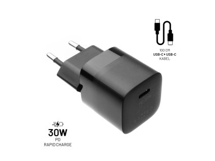 Set síťové nabíječky FIXED Mini s USB-C výstupem a USB-C/USB-C kabelu, podpora PD, 1 metr, 30W, černý