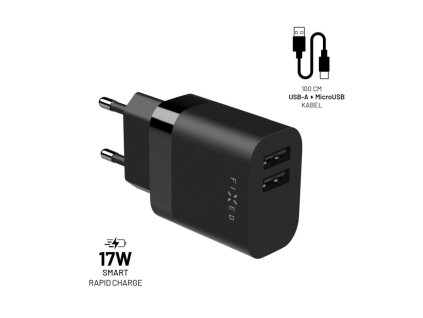 Set síťové nabíječky FIXED s 2xUSB výstupem a USB/micro USB kabelu, 1 metr, 17W Smart Rapid Charge, černá