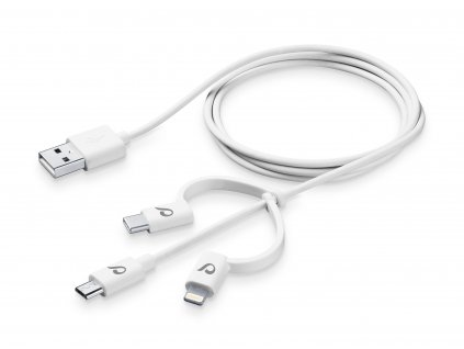 USB kabel CellularLine se třemi adaptéry Lightning + Micro USB + USB-C, bílý