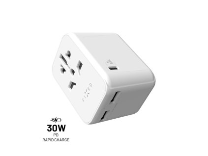 Cestovní adaptér FIXED Voyager 30 W pro EU, UK a USA/AUS, s 1xUSB-C a 2xUSB výstupem, GaN, PD 30W, bílý