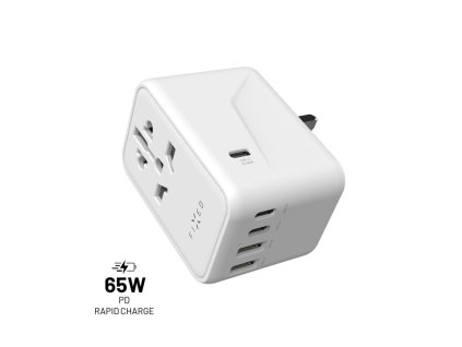 Cestovní adaptér FIXED Voyager 65 W pro EU, UK a USA/AUS, s 3xUSB-C a 2xUSB výstupem, GaN, PD 65W, bílý