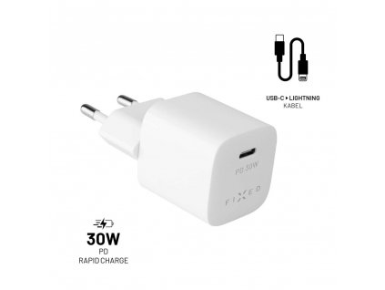 Set síťové nabíječky FIXED Mini s USB-C výstupem a USB-C/Lightning kabelu, podpora PD, 1.2 metr, MFI, 30W, bílý