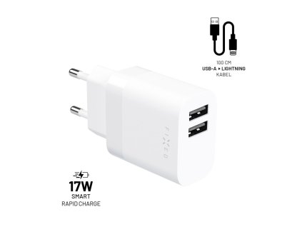 Set síťové nabíječky FIXED s 2xUSB výstupem a USB/Lightning kabelu, 1 metr, MFI, 17W Smart Rapid Charge, bílá