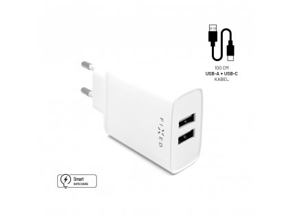 Set síťové nabíječky FIXED s 2xUSB výstupem a USB/USB-C kabelu, 1 metr, 15W Smart Rapid Charge, bílá