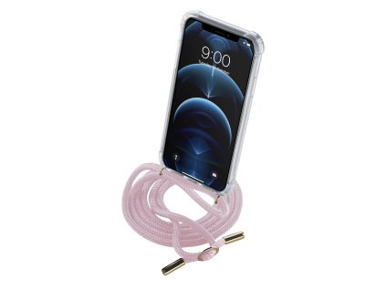 Transparentní zadní kryt Cellularline Neck-Case s růžovou šňůrkou na krk pro Apple iPhone 12 PRO