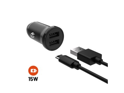 Set autonabíječky FIXED s 2xUSB výstupem a USB/USB-C kabelu, 1 metr, 15W Smart Rapid Charge, černá