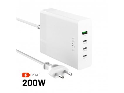 Síťová GaN nabíječka FIXED Charging Station s 3xUSB-C a USB výstupem, podpora PD 3.0, 200W, bílá