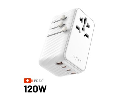 Cestovní adaptér FIXED Voyager 120W pro EU, UK a USA/AUS, s 3xUSB-C a 1xUSB výstupem, GaN, PD 120W, bílý