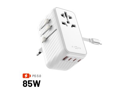 Cestovní adaptér FIXED Voyager 85W pro EU, UK a USA/AUS, s 4xUSB-C a 1xUSB výstupem, GaN, PD 85W, bílý