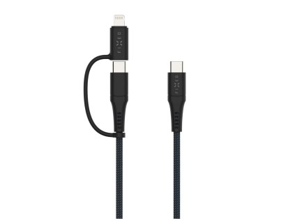 Nabíjecí a datový opletený kabel FIXED s konektory USB-C/USB-C a Lightning adaptérem, PD, 1.2m, MFi, PD 60W, šedý