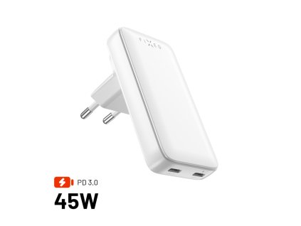 Síťová GaN nabíječka FIXED Slim Traveller s 2x USB-C výstupem s vyměnitelnými adaptéry, 45W, bílá