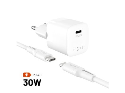 Set síťové GaN nabíječky FIXED Mini s USB-C výstupem a USB-C/USB-C kabelu, podpora PD, 1,2 metr, 30W, bílý