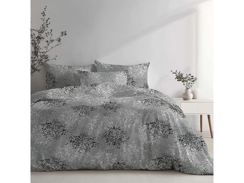 Ložní povlečení krepové Stanex větvičky šedé (LS391), 140 x 200 + 90 x 70, Zip