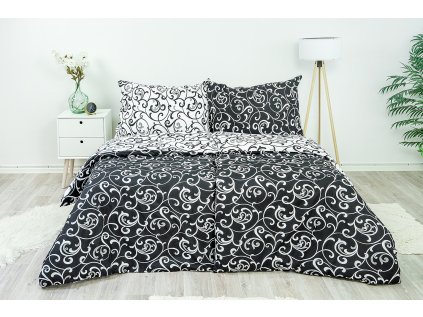 Ložní povlečení bavlněné Stanex ornament černo-bílý (LS34), 140 x 220 + 90 x 70, Knoflíkové