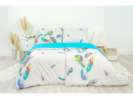 Ložní povlečení bavlněné Stanex peří tyrkysové (LS218), 140 x 220 + 90 x 70, Knoflíkové