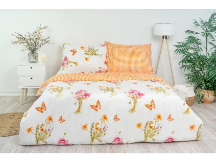 Ložní povlečení bavlněné Stanex jaro oranžové (LS245), 200 x 220 + 2ks 90 x 70, Knoflíkové