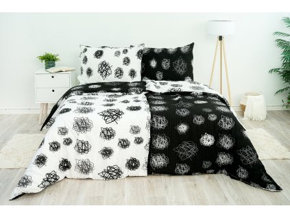 Povlak na polštář krepový Stanex orbit černo-bílý (LS88), 90 x 70 cm, Knoflíkové