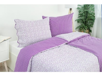 Povlak na polštář krepový Stanex kvítek-pruh fialový (LS196), 90 x 70 cm, Zip