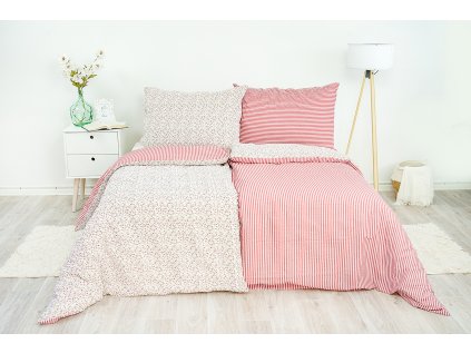 Ložní povlečení flanelové Stanex kvítek-pruh červený (LS195), 140 x 220 + 90 x 70, Zip