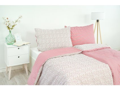 Povlak na polštář flanelový Stanex kvítek-pruh červený (LS195), 90 x 70 cm, Zip