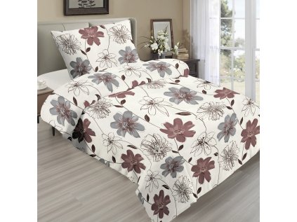 Francouzské ložní povlečení mikroflanel hnědá kytka, 200 x 220 + 2ks 90 x 70, Zip