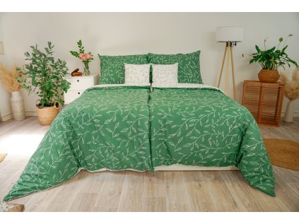 Ložní povlečení krepové Stanex zelené lístky (LS413), 140 x 220 + 90 x 70, Knoflíkové