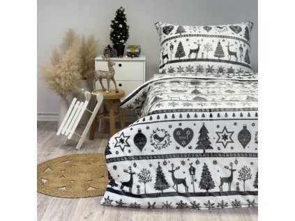 Ložní povlečení mikroflanel vánoce šedobílé, 140 x 200 + 90 x 70, Zip